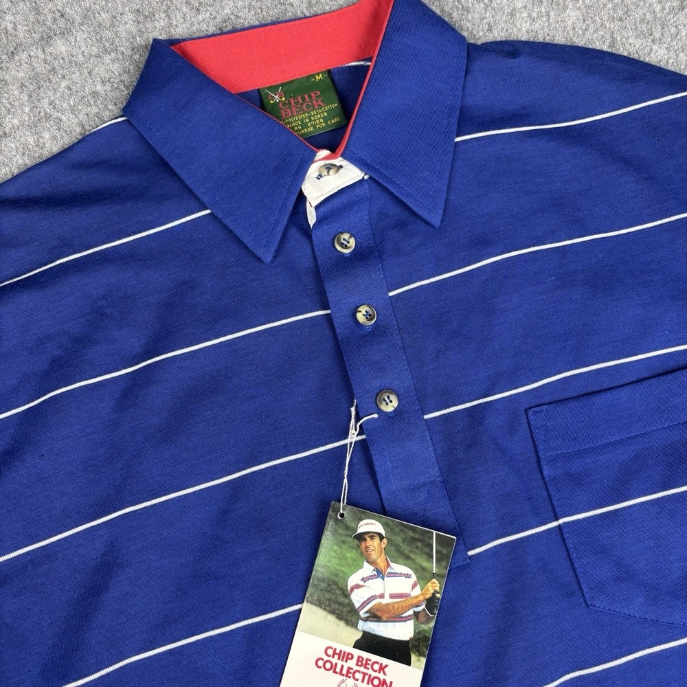 Vintage Chip Beck Golf Polo Shirt Mens Medium NWT Blue Striped Short Sleeve